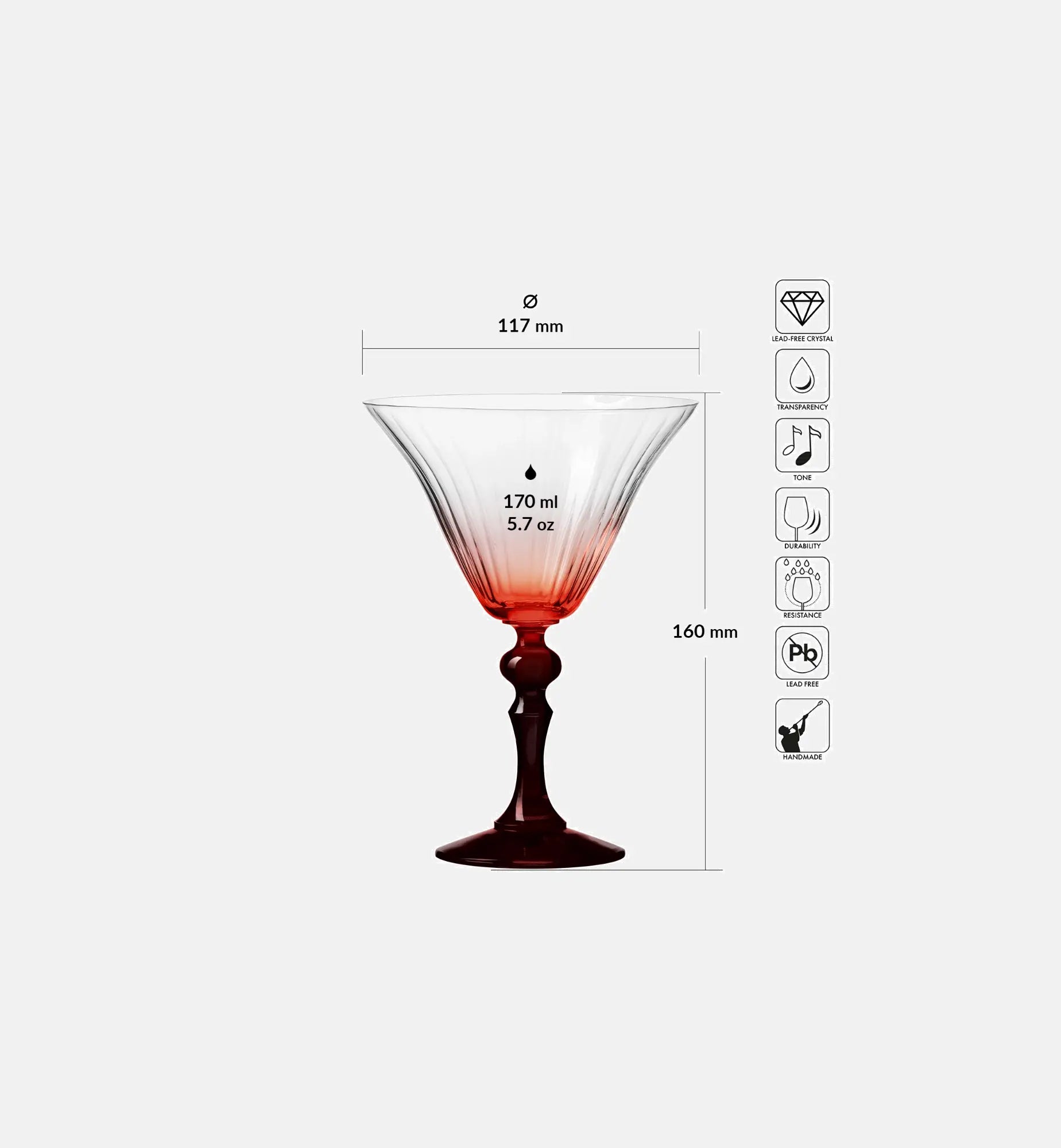 Cieniowane kieliszki do martini z czerwoną nóżką 170 ml