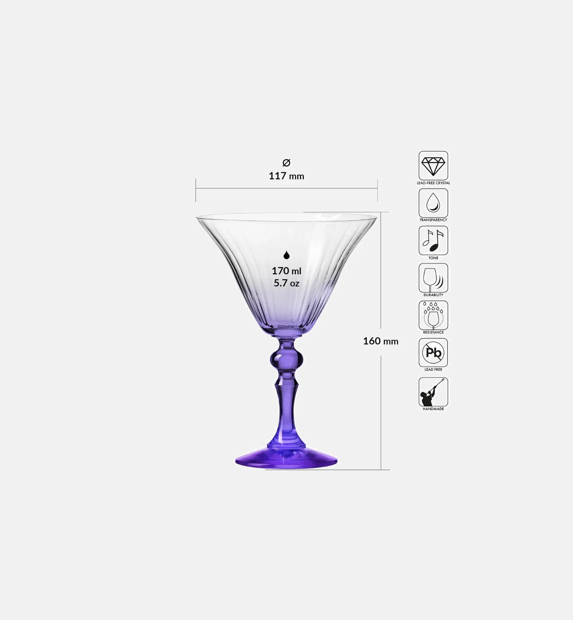 Cieniowane kieliszki do martini z fioletową nóżką 170 ml