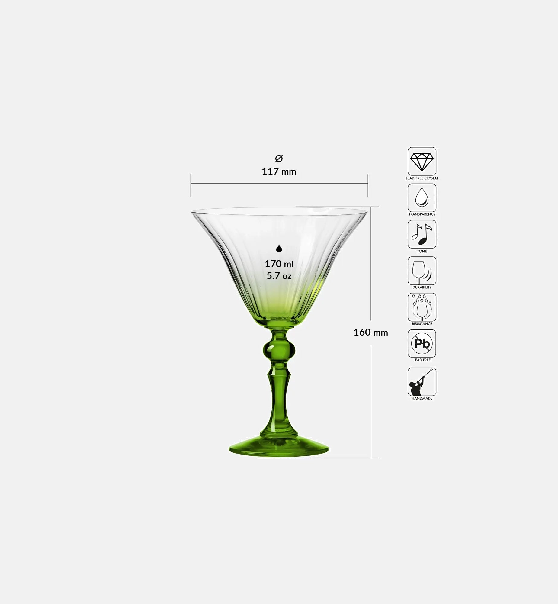 Shaded martini glasses with a green stem