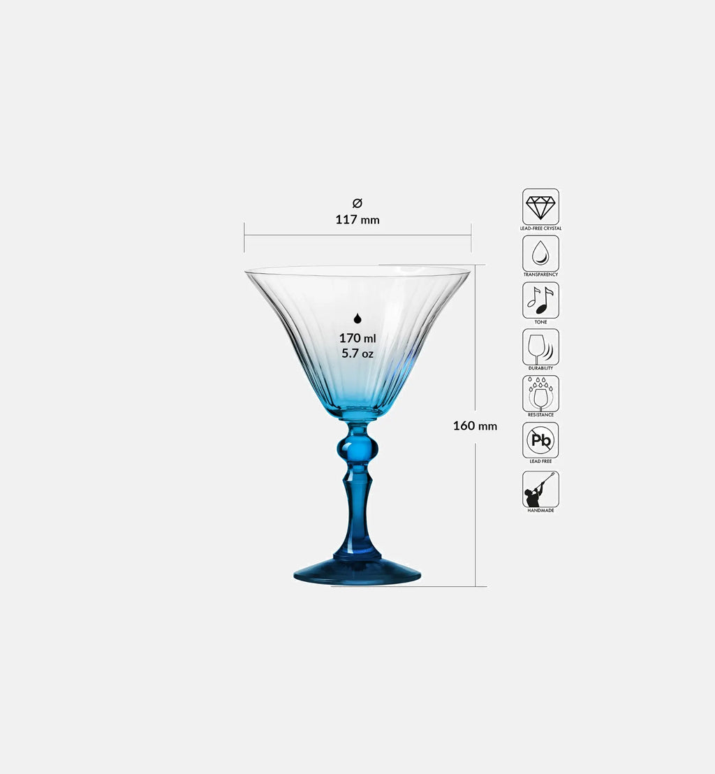 Shaded martini glasses with a blue stem